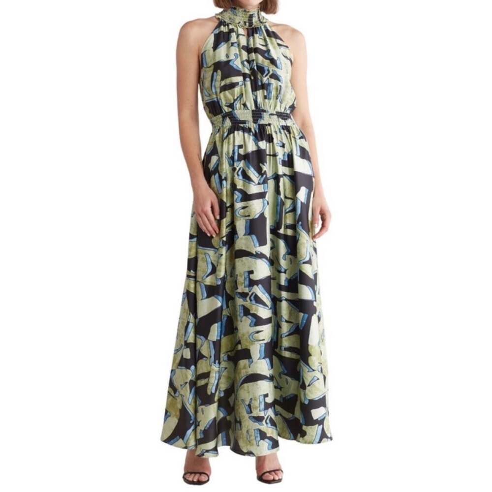 Anthropologie Melloday Abstract Print Smocked Keyhole Turtle Neck Maxi Dress